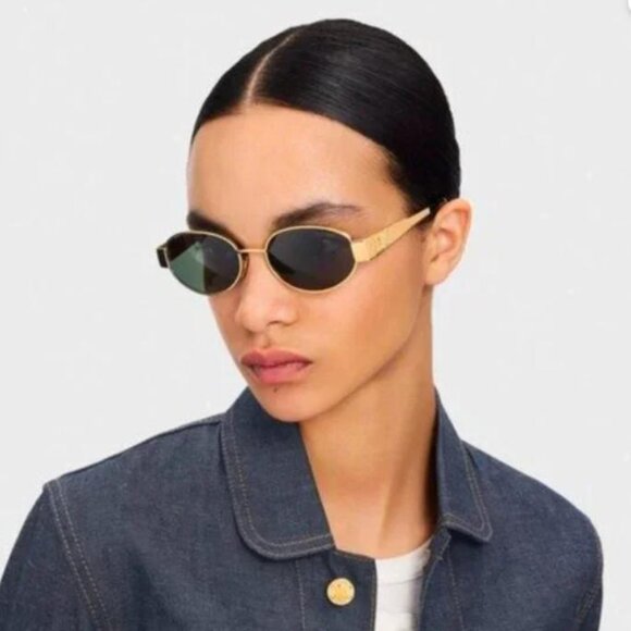 Celine Triomphe Metal CL40235U 30N Oval Sunglasses in Gold with Green Lenses - Picture 1 of 6